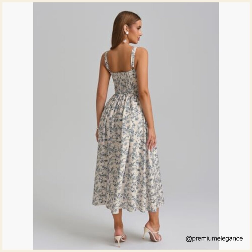 Floral Corset Midi Dress with Pockets, Smocked Back, Sweetheart Neck - Picture 3 of 7